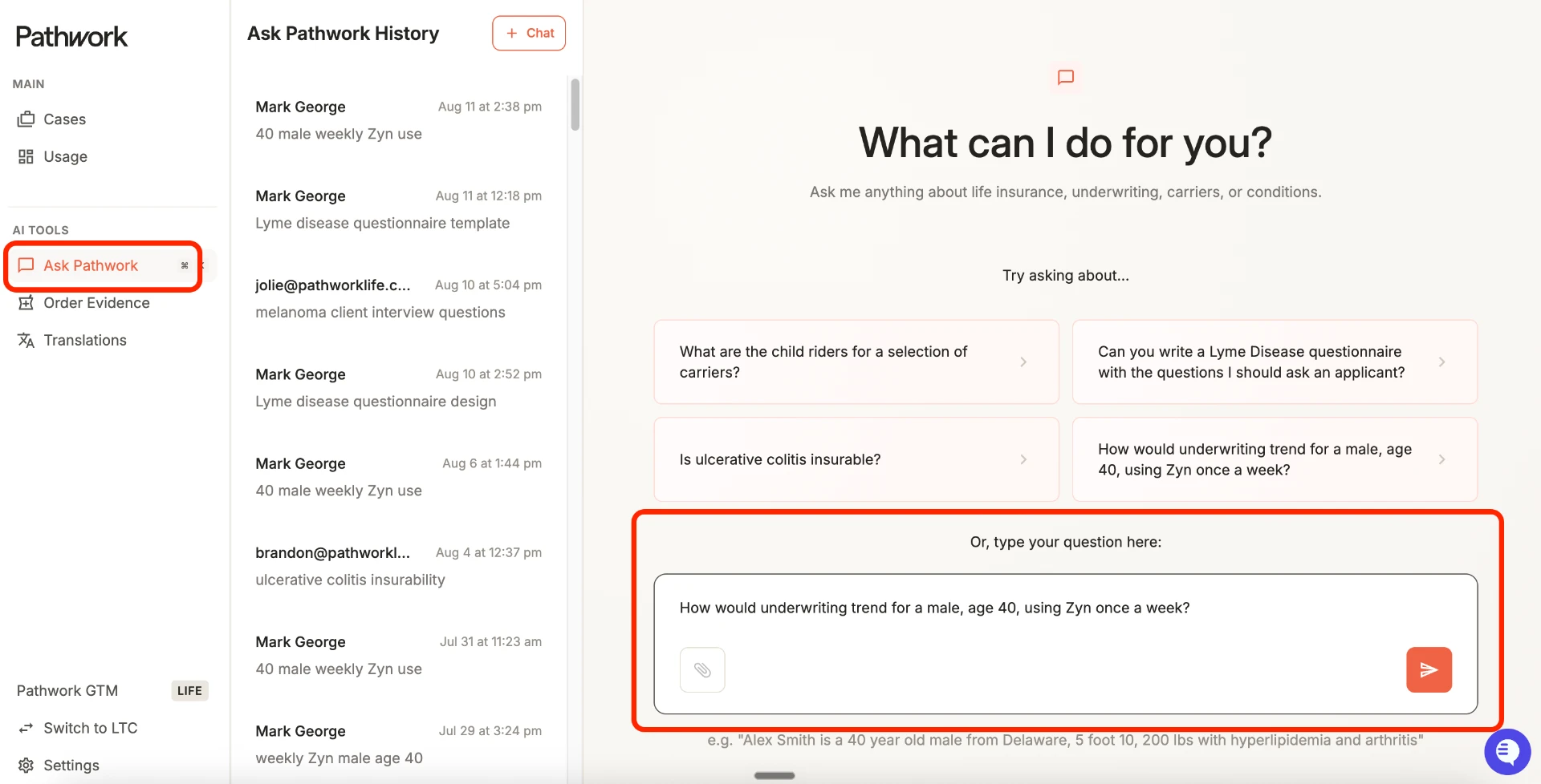 Product screenshot: Ask Pathwork chat
