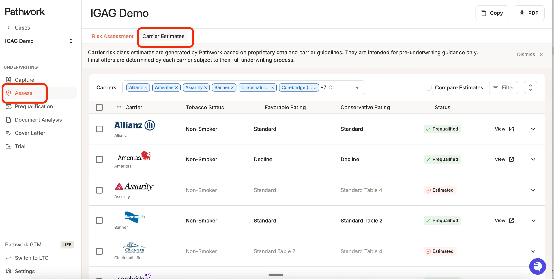 Product screenshot: Risk Class Estimate & carrier breakdown