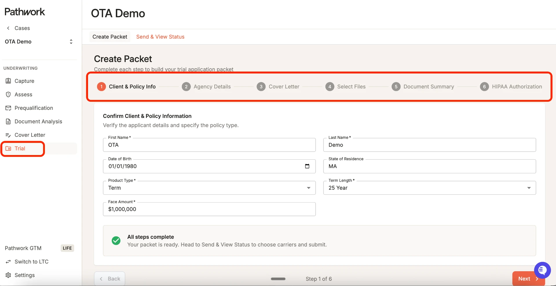 Product screenshot: Trial submission builder