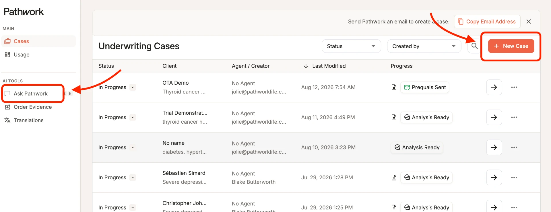Pathwork interface highlighting the two starting points: Ask Pathwork in the left navigation and the New Case button in the top right