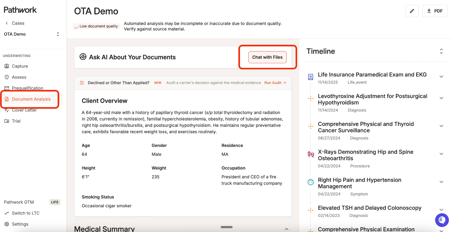 Product screenshot: Document Analysis timeline